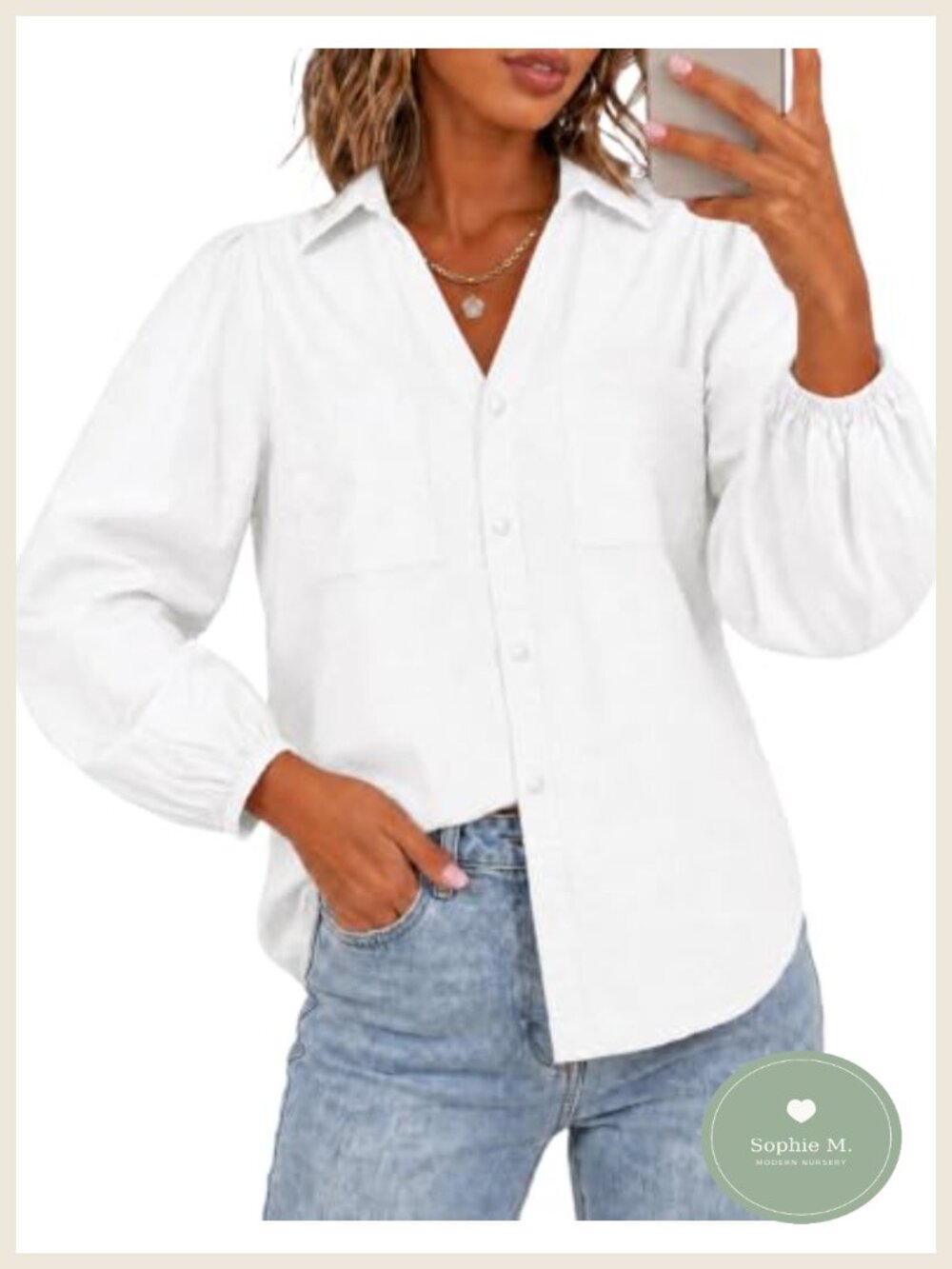 Puff Sleeve Button Down Shirt Women's Cotton Blouse